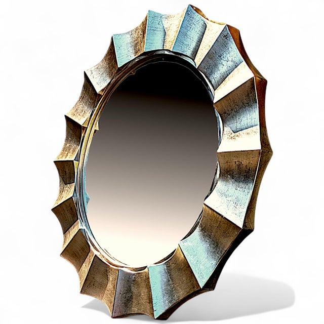 2000 - 2009 Large Contemporary Scalloped Silvertoned Round Wall Mirror For Sale - Image 5 of 14