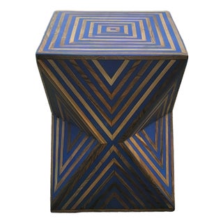 Contemporary Traditional Moroccan Resin and Walnut Wood Stool / Blue Hourglass Silhouette For Sale