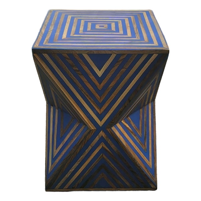 Contemporary Traditional Moroccan Resin and Walnut Wood Stool / Blue Hourglass Silhouette For Sale