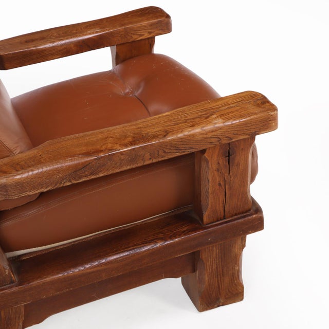 French A Pair of French Heavy Oak Brutalist Style Open Arm Chairs, C. 1960. For Sale - Image 3 of 7