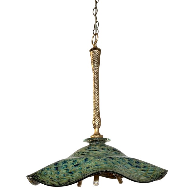 Ruffled Swirled Multicolor Green Art Glass and Brass Tone Pendant Light Signed R. Mynatt For Sale - Image 10 of 18