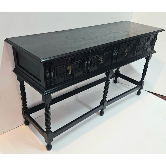 Antique Kittinger Two Drawer Ebonized Oak Jacobean Style Sideboard / Console Table For Sale - Image 4 of 12