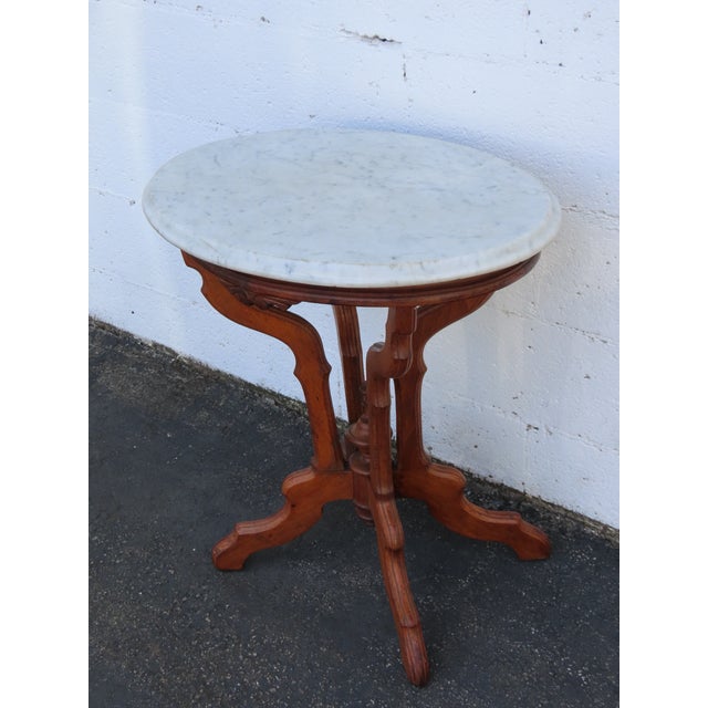 Victorian Late 1800s Victorian Eastlake Marble Top Carved Side Table 6909 For Sale - Image 3 of 18