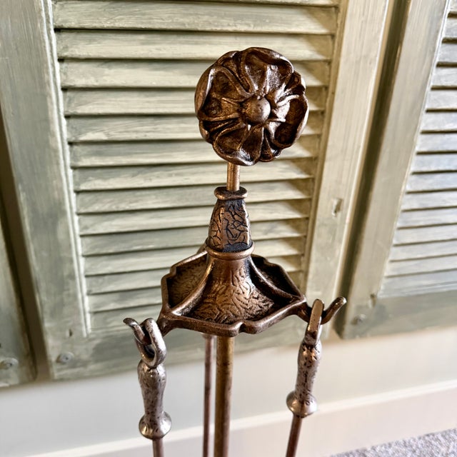 Brass Sheffield Pullman Antique Tudor Rose Fireplace Andirons, Tools & Rack For Sale - Image 8 of 14