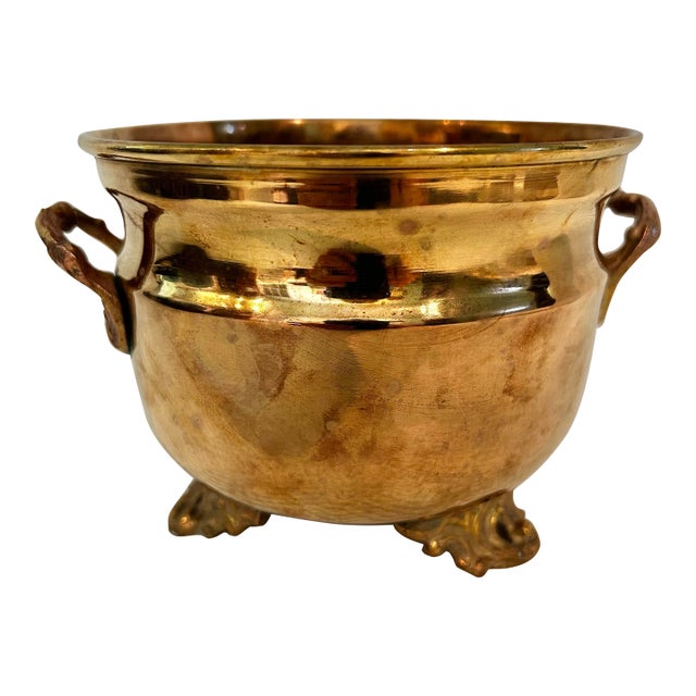 1970’s Solid Brass 5.5' Cache Pot With Feet and Handles For Sale