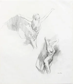 Anna Poole Late 20th Century Drawing of Nude Female Figures Dancing in Graphite on Paper Late 20th Century
