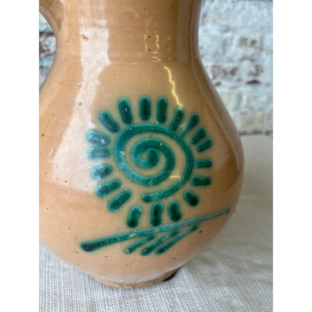Ceramic Vintage Hand-Painted Terracotta Pitcher With Sunburst Motif For Sale - Image 7 of 9