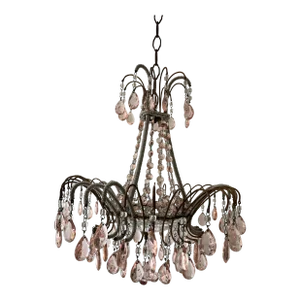 Italian Micro-Beaded Pink Prisms Crystal Chandelier Rare C1920