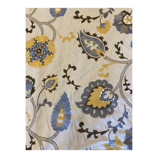 Schumacher Ivory, Blue & Yellow Embroidered Fabric, 5 Yards For Sale