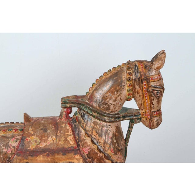 Pair of Monumental Indian Polychrome Carved Wood Horses on Wheels, 19th C. For Sale - Image 16 of 17