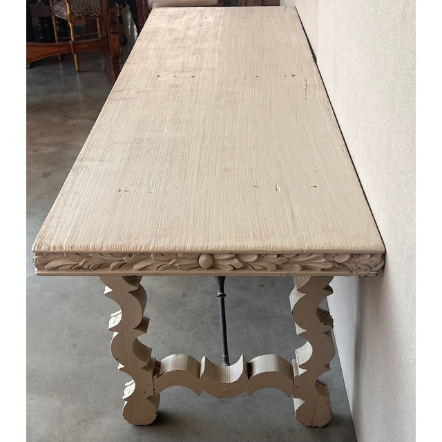 Wood 19th White Painted White Country Lyre Legs Large Console or Center Table For Sale - Image 7 of 13