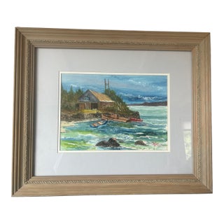 Late 20th Century Original Paul Nolan Watercolor Coastal Harbor Scene, Signed New England Seascape, Framed 24” X 30” For Sale