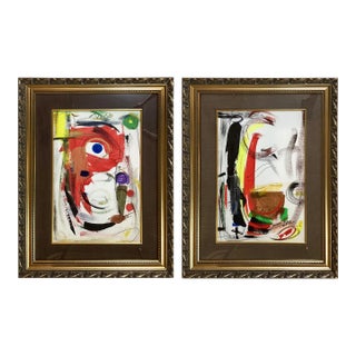 Framed Abstract Paintings on Paper, Mid 20th Century - A Pair For Sale