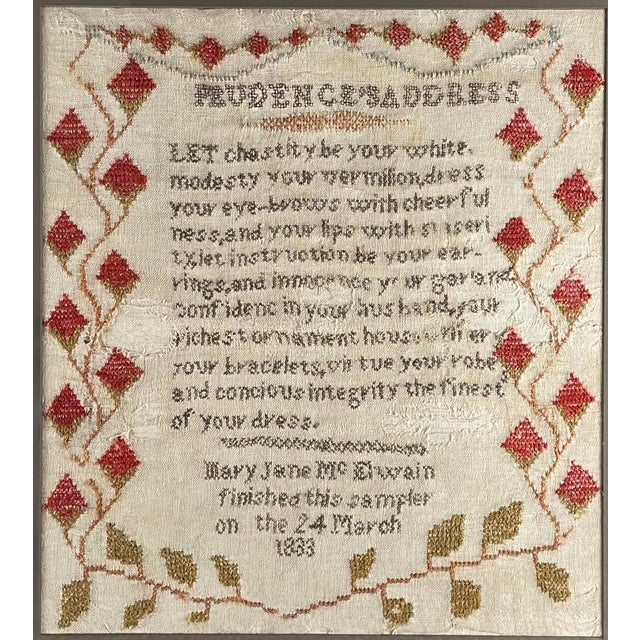 Linen sampler dated March 24, 1833 by Mary Jane McElwain, titled "Prudence's Address." The sampler then continues "Let...