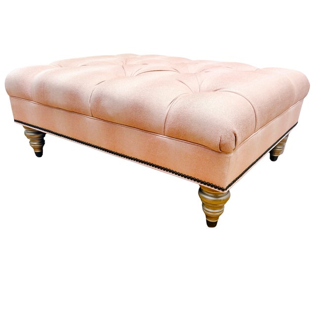 Ethan Allen Custom Tufted Pink Textured Ottoman With Nailhead Trim For Sale In San Diego - Image 6 of 11