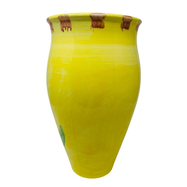 Vintage 1980s Italian Hand-Painted Yellow Floral Ceramic 12-Inch Urn Vase For Sale - Image 4 of 12
