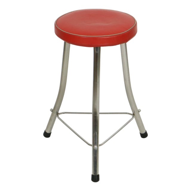 Stool in Red Faux Leather and Chrome from Brabantia, 1950s For Sale