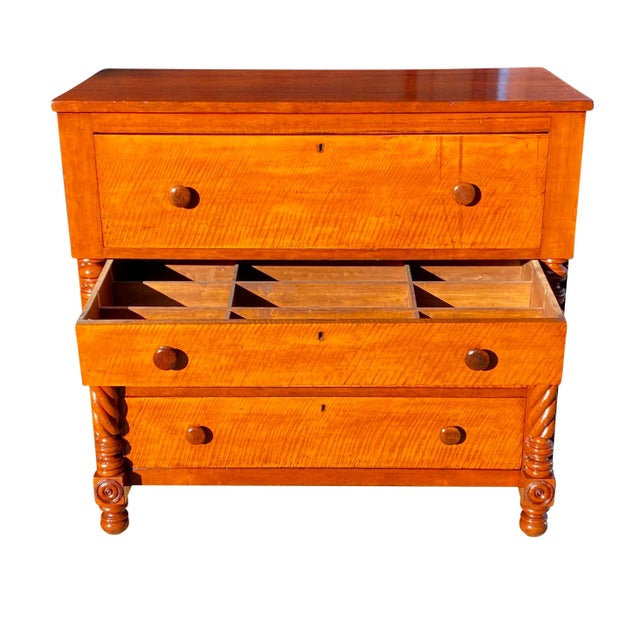 Early 19th Century 19th Century Antique Sheraton Cherry & Tiger Maple Chest of Drawers For Sale - Image 5 of 13