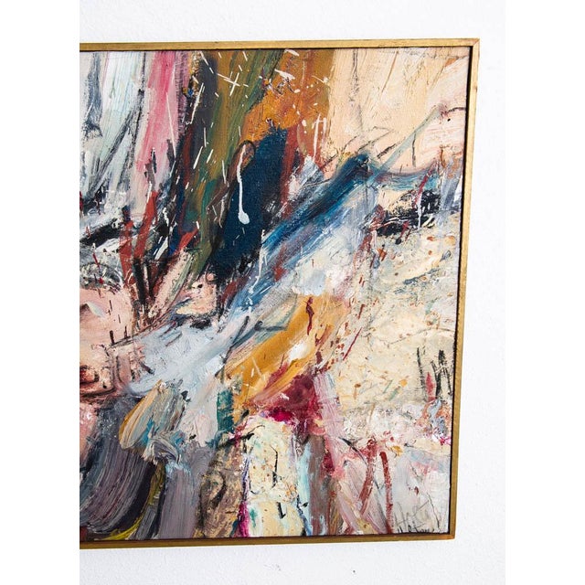 Mid Century Modern Oil Painting Abstract Expressionism Tan Red Yellow Signed For Sale - Image 9 of 12