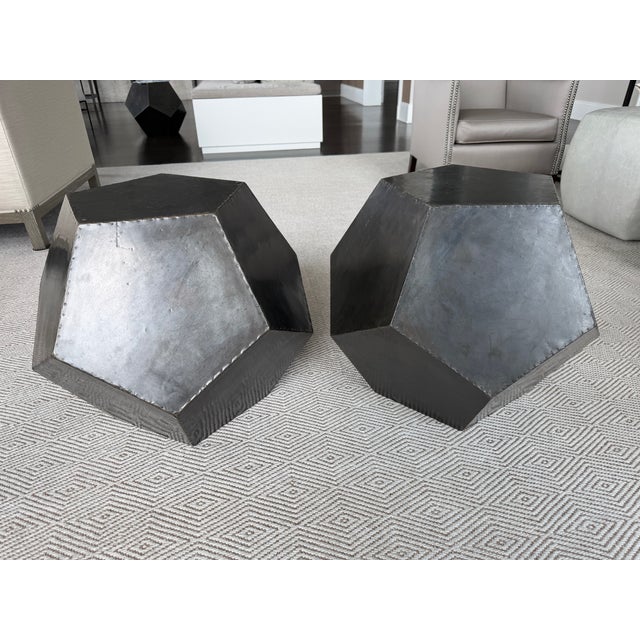 Pair of Restoration Hardware zinc geometric side tables in 12-sided polyhedron shape will add variety and interest to your...
