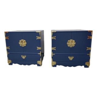 1970s Mid-Century Campaign Nightstands – Pair | Satin Lacquer “New York State of Mind” Blue With Brass For Sale