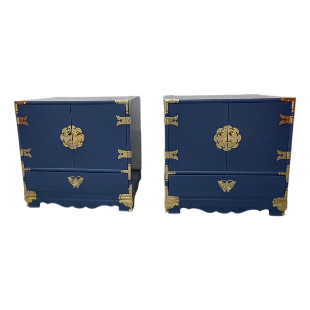 1970s Mid-Century Campaign Nightstands – Pair | Satin Lacquer “New York State of Mind” Blue With Brass For Sale