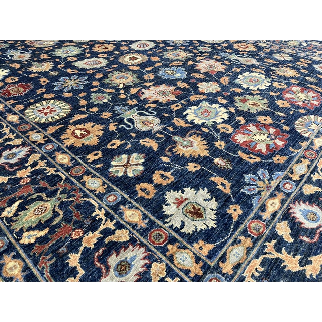 Navy Blue Afghan Sultani Natural Dye Wool Rug, Persian Floral Botanical Design, 8′2″ × 9′11″ For Sale - Image 12 of 16