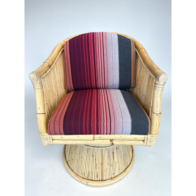 1980s Rare Set of 4 McGuire Bamboo Rocking Swivel Lounge Chairs in Knoll “Stripe It” With Matching Table, Circa 1980s For Sale - Image 5 of 13