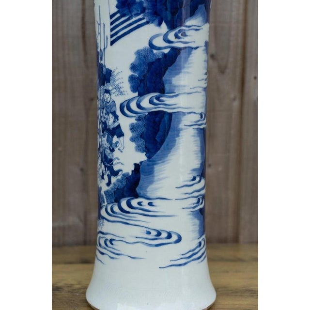 Chinese Blue and White Porcelain Sleeve Vase with Warriors and Military Procession For Sale - Image 12 of 18
