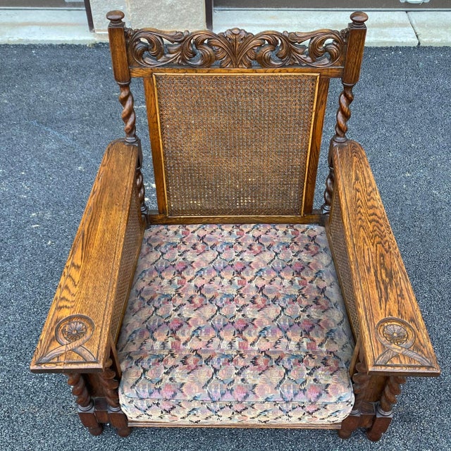 Wood Antique Carved English Oak Barley Twist Lounge Chair With Caned Back & Sides For Sale - Image 7 of 13