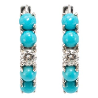 Ladies 18k White Gold 2.25ctw Diamond and Turqouise Huggie Hoops Earrings, Pair For Sale