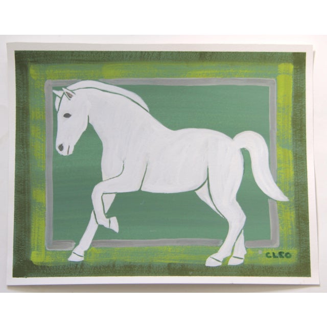 Painting of a Horse in muted shades of green, beige, grey, antique white with multiple borders. This coordinates well with...