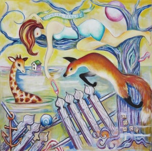 Mending Fences by Zoa Ace | Oil on canvas depicting a woman, giraffe, and fox near a fence.
