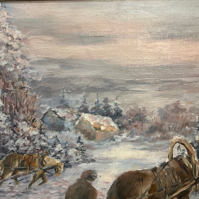 1960s 20th Century European School Oil on Canvas by Polish Artist Edward Mesjasz (1929-2007) Depicting Winter Horses Hauling Woods For Sale - Image 5 of 12