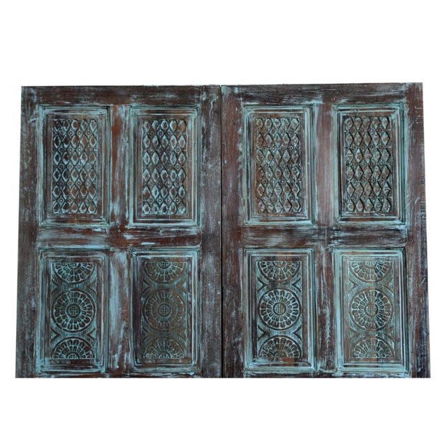 Midcentury Distressed Blue Vintage Carved Barn Door – Reclaimed Wood 6 Panel Door 80x36 For Sale - Image 4 of 4