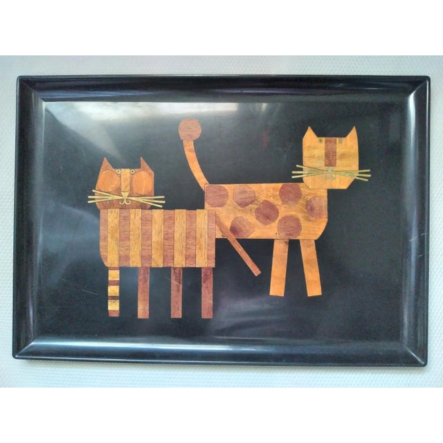 1960s Couroc Wood and Brass Inlay Cat Serving Tray For Sale - Image 11 of 11