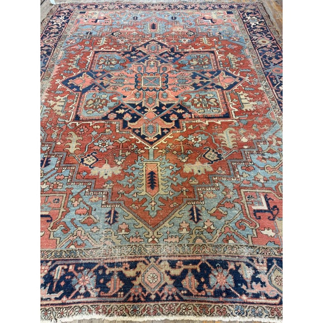 Rustic 1890s Red Field Medallion Rustic Antique Heriz Knotted Wool Rug For Sale - Image 3 of 4