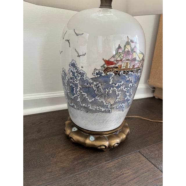 Maitland - Smith Rare Vintage Maitland-Smith Hong Kong Porcelain Nautical Lamps With Original Shades – 30” - a Pair For Sale - Image 4 of 10