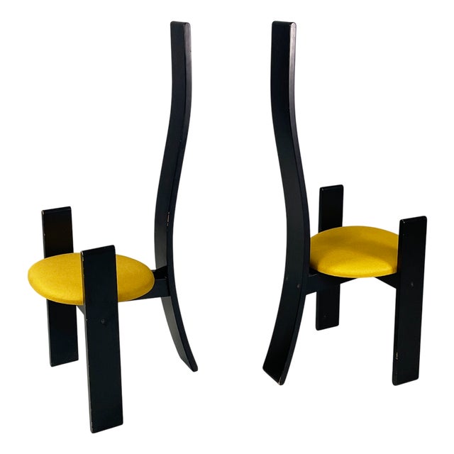 Modern Italian Black Wood and Yellow Fabric Chairs Golem attributed to Vico Magistretti for Poggi, 1970s, Set of 2 For Sale