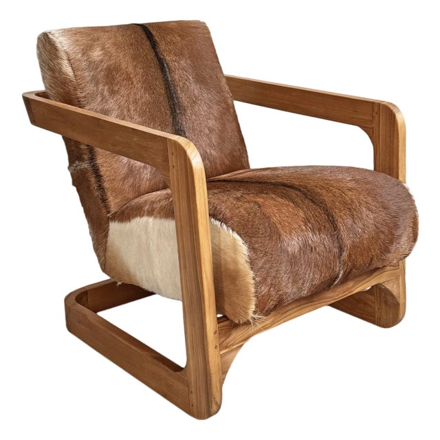 Farmhouse Teak & Hide Arm Chair For Sale