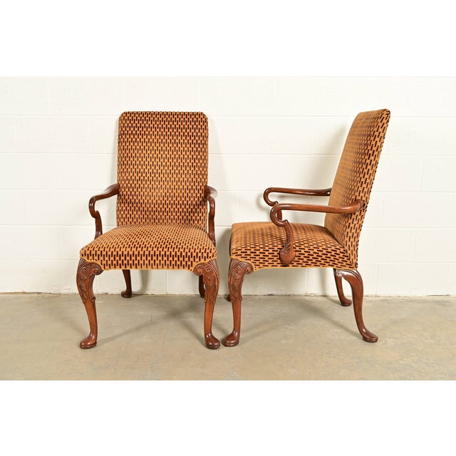 Baker Furniture Stately Homes Georgian Carved Mahogany Open Arm Library Chairs, Pair For Sale - Image 10 of 13