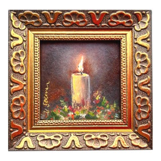 Framed Painting of Lighted Candle Christmas Still Life by Valeriya Serova For Sale