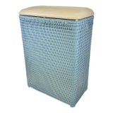 Mid-Century Boho Chic Coastal French Blue Wicker Hamper. For Sale