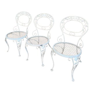 Vintage Woodard Chantilly Rose Wrought Iron Side Chairs — Set of 3 | Original White / Grey Paint | Stamped Maker’s Mark For Sale