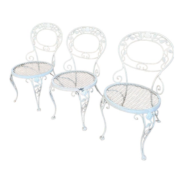 Vintage Woodard Chantilly Rose Wrought Iron Side Chairs — Set of 3 | Original White / Grey Paint | Stamped Maker’s Mark For Sale