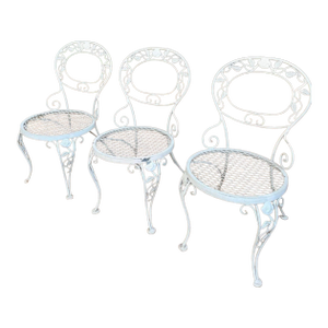 Vintage Woodard Chantilly Rose Wrought Iron Side Chairs — Set of 3 | Original White / Grey Paint | Stamped Maker’s Mark