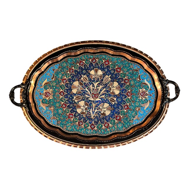Hand Carved Colorful Serving Tray with Handles For Sale