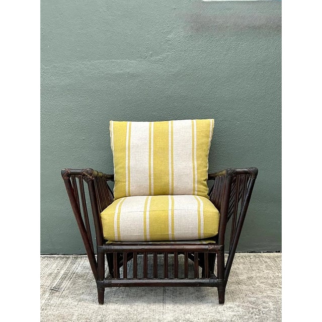 Vintage Stick Rattan Rattan Lounge Chair in Ralph Lauren Cabana Stripe For Sale - Image 11 of 12