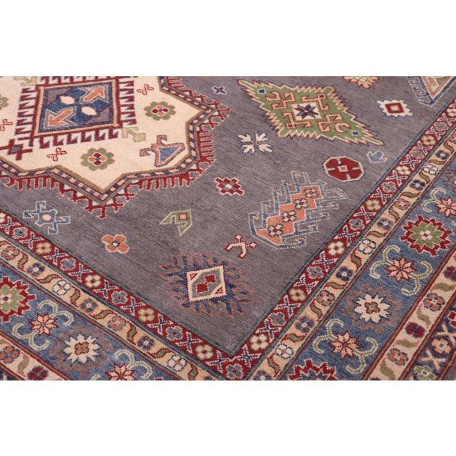 Rustic Bohemian Kazak Gray/Blue Wool Rug - 8'3''x9'9'' For Sale - Image 3 of 10