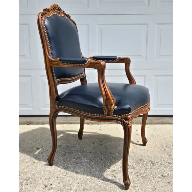 French Chateau d'Ax French Bergere Fauteuil Blue Leather Arm Chair For Sale - Image 3 of 18